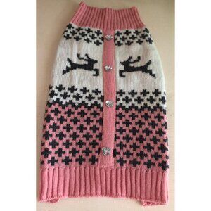 Pink Cream Dog Sweater with Deer and Rhinestone Buttons Pet Apparel Size Medium